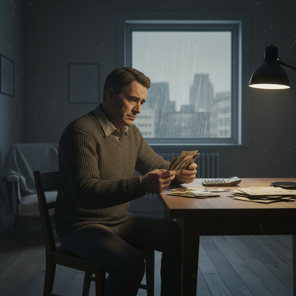 Starszy mężczyzna w pustym pokoju patrzy na zdjęcia rodzinne, obok leżą rachunki.