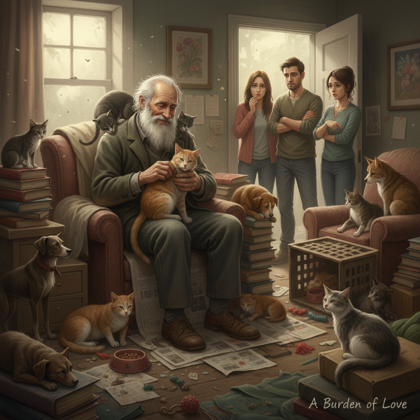 Emerytowany mężczyzna w domu pełnym zwierząt, z rodziną wyrażającą niepokój w tle, ilustrujący konflikt między empatią a kompulsywnym zachowaniem.