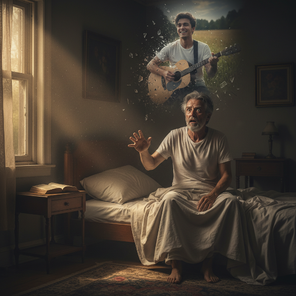 Starszy mężczyzna budzi się z koszmaru, w tle majaczą mgliste wspomnienia z młodości, ale przez okno wpada promień światła.