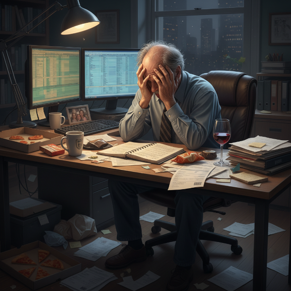 Wyraźny obraz wyczerpanego mężczyzny w średnim wieku, przygniecionego pracą biurową, symbolizujący wypalenie zawodowe i wewnętrzną pułapkę.
