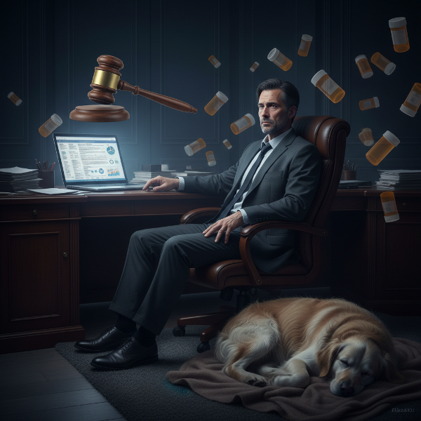 Mężczyzna wyczerpany pracą, samotny w domu z psem, zmagający się z bezsennością i lękiem przed błędem w odpowiedzialnej pracy farmaceutycznej.