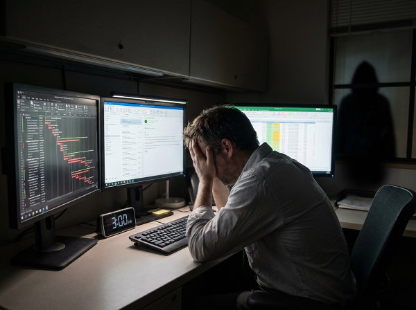 Przepracowany kierownik projektu w korporacji IT, otoczony chaosem i presją czasu, w momencie kryzysu i wyczerpania.