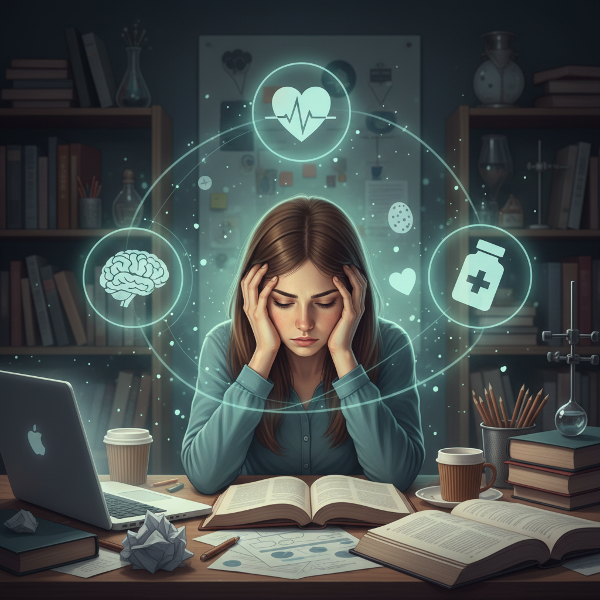 Młoda kobieta wyczerpana przy biurku, otoczona symbolami zdrowia psychicznego i fizycznego.
