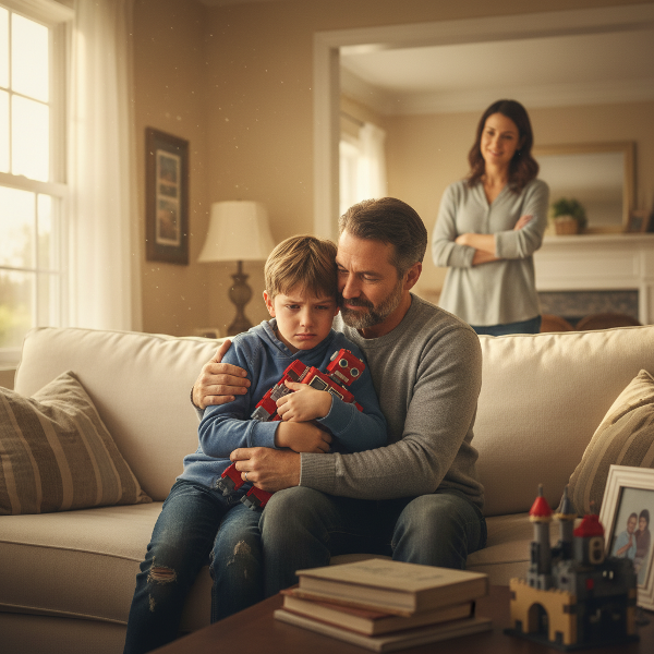 Ojciec pociesza wycofanego chłopca w bezpiecznym, nowym domu, symbolizując budowanie zdrowej więzi po doświadczeniu przemocy.