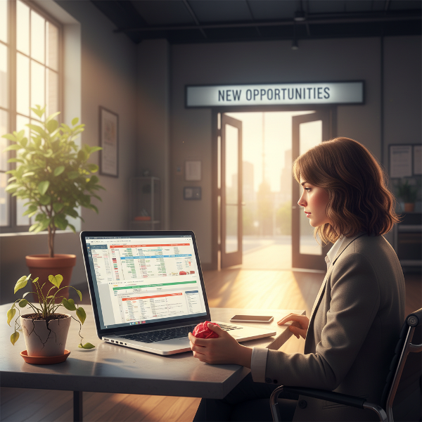 Kobieta w biurze doświadcza spadku motywacji, otoczona symbolami stresu i rutyny, z delikatną wskazówką na możliwość zmiany.