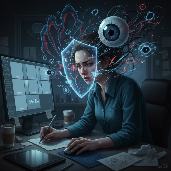 Mężczyzna przed ekranem komputera z widokiem wideokonferencji, otoczony abstrakcyjnymi, niepokojącymi kształtami i myślami reprezentującymi lęk przed oceną.