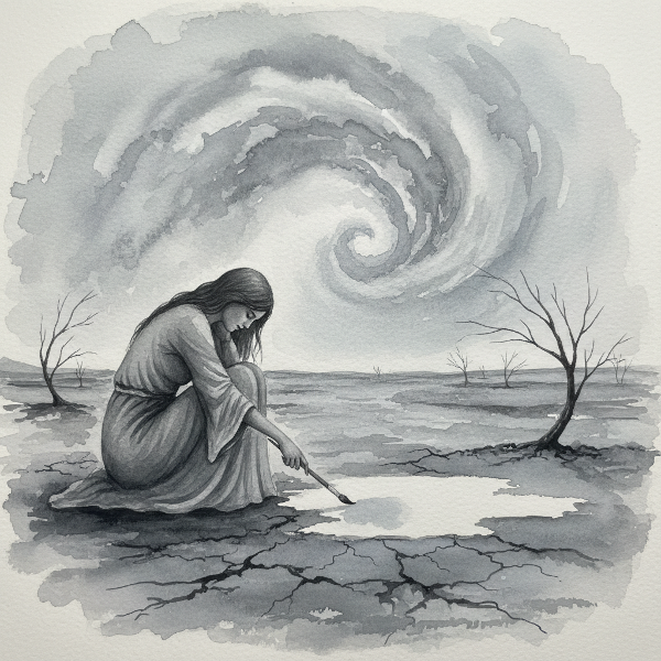 Kobieta w szarościach z pędzlem w pustym, melancholijnym krajobrazie, symbolizująca apatię i wyczerpanie emocjonalne.