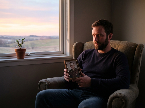 Mężczyzna w żałobie kontempluje zdjęcie ojca, podczas gdy świt za oknem symbolizuje nadzieję.