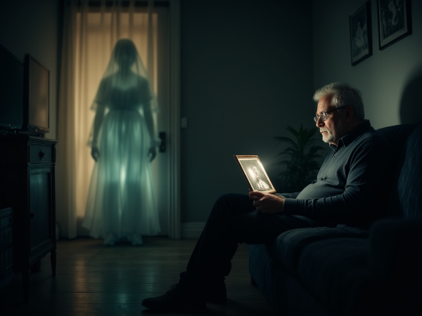 Mężczyzna w żałobie, samotny w domu, z duchową obecnością zmarłej żony, ilustrujący tłumiony ból i poczucie winy.
