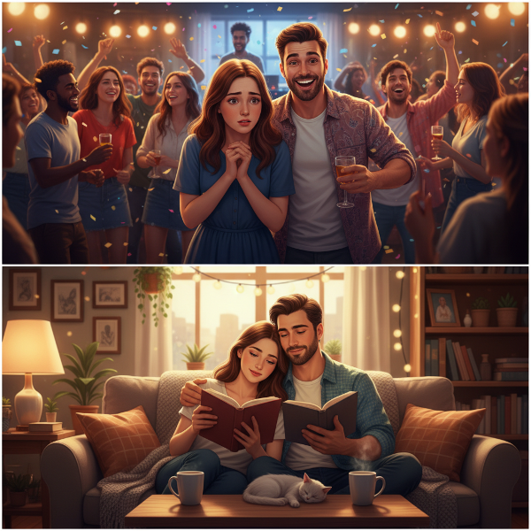 Kontrast między introwertyczką przytłoczoną hałaśliwą imprezą a jej ekstrawertycznym partnerem, oraz ich spokojna bliskość w domowym zaciszu.