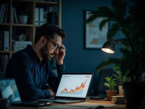 Introwertyczny przedsiębiorca IT w średnim wieku, pogrążony w refleksji nad przeszłymi decyzjami biznesowymi w swoim biurze, otoczony wizualnymi metaforami porównań i stagnacji.