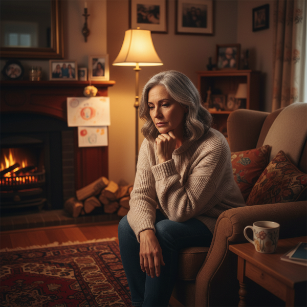 Kobieta w średnim wieku zamyślona w przytulnym wnętrzu, symbolizująca samotność i potrzebę głębszych więzi.