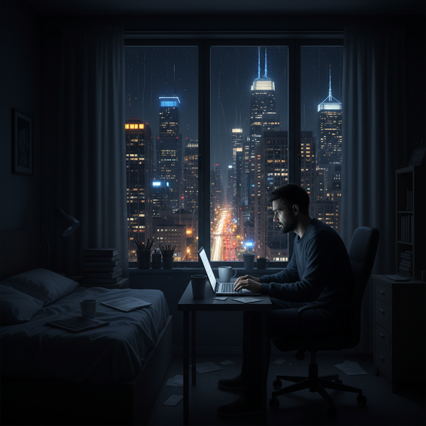 Mężczyzna pracujący samotnie w domu wieczorem, patrzący przez okno na tętniące życiem miasto, co symbolizuje jego izolację.