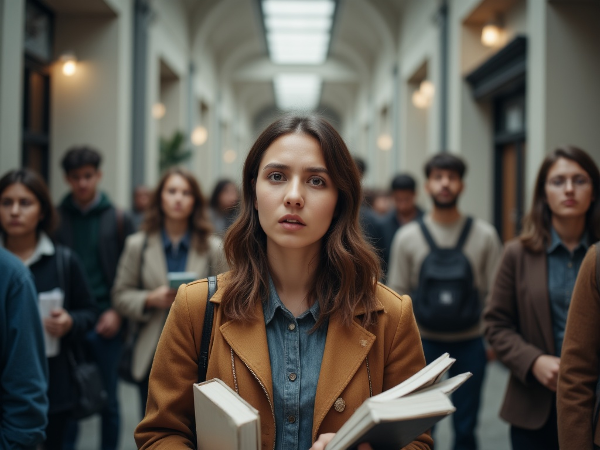 Młoda kobieta czuje się samotna w zatłoczonym korytarzu uniwersyteckim, podczas gdy inni studenci rozmawiają w tle.
