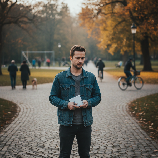 Mężczyzna w parku na rozdrożu, z zeszytem w dłoni, symbolizujący wewnętrzne zagubienie i poszukiwanie siebie w codzienności.