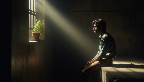 Mężczyzna doświadczający apatii, samotny w przyciemnionym pokoju, z wyrazem pustki, podczas gdy promień słońca pada na zwiędłą roślinę.
