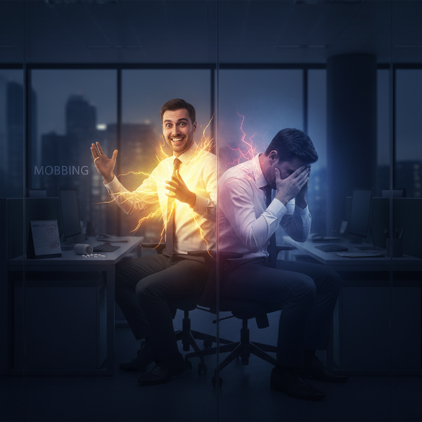 Ilustracja przedstawiająca mężczyznę w biurze korporacyjnym, doświadczającego huśtawek nastroju i bólu mięśni, z wizualną metaforą izolacji i stresu związanego z mobbingiem.