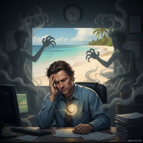 Mężczyzna w biurze używa autohipnozy, by znaleźć wewnętrzny spokój w obliczu stresu związanego z mobbingiem.