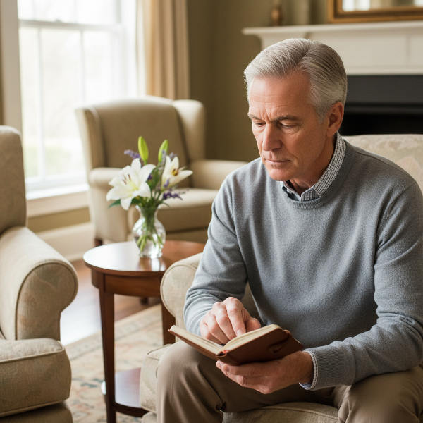 Mężczyzna w średnim wieku w domu, zmagający się z wewnętrznym napięciem, ale szukający spokoju i rozwiązania.