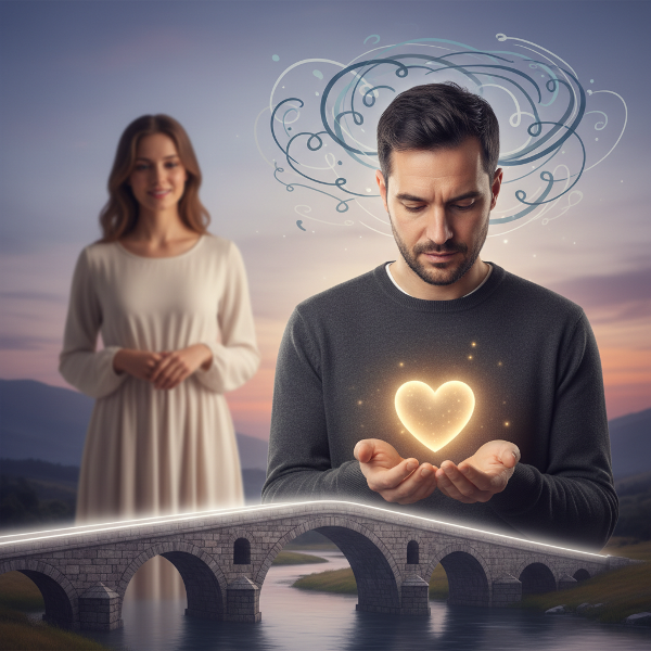 Mężczyzna z niepewnością w związku, symboliczne przedstawienie wewnętrznych wątpliwości i stabilności relacji.