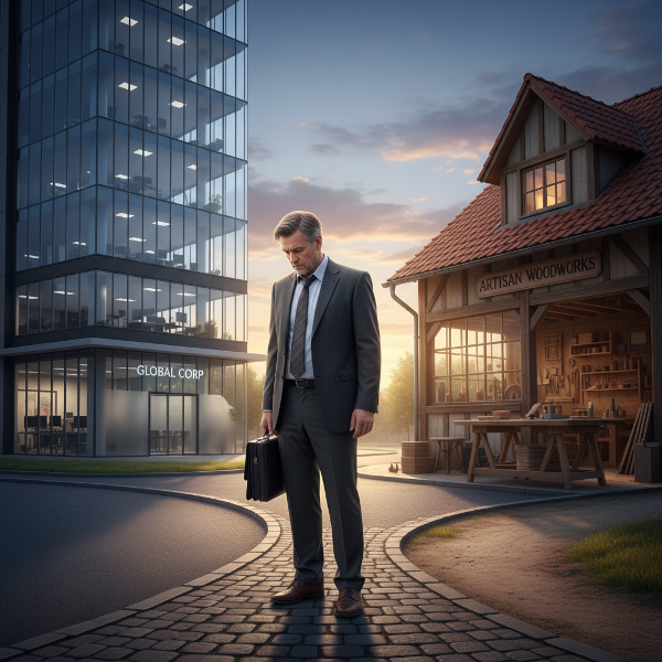 Mężczyzna w średnim wieku na rozdrożu między korporacyjną wieżą a pracownią stolarską, symbolizującym wybór między presją a pasją.