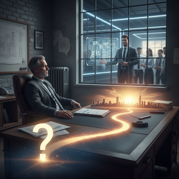 Mężczyzna w średnim wieku w biurze, obserwujący zmiany w firmie, z poczuciem wypalenia i niepewną ścieżką w przyszłość.