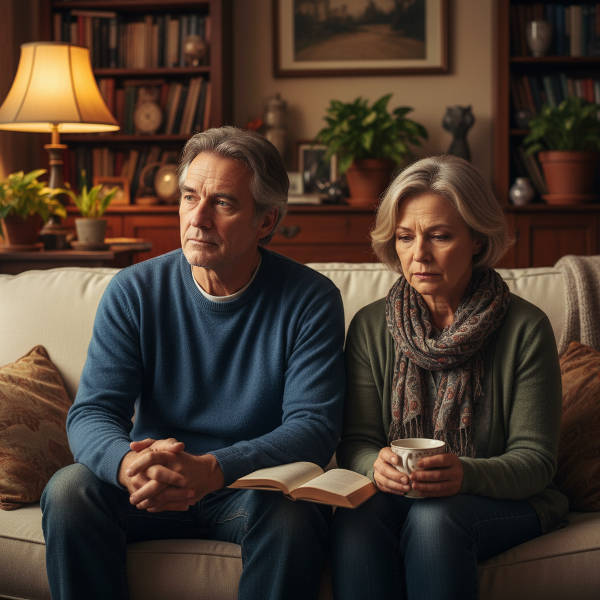 Para w średnim wieku w domu, blisko fizycznie, ale z emocjonalnym dystansem i napięciem, w realistycznym stylu.