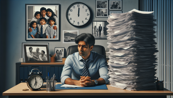 Mężczyzna w średnim wieku w biurze korporacyjnym, wyczerpany i przytłoczony pracą, z symbolami stresu i wypalenia zawodowego.