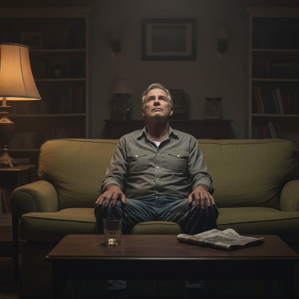 Mężczyzna w średnim wieku siedzi samotnie na kanapie w przyciemnionym salonie, wpatrując się pustym wzrokiem w sufit. Wygląda na odłączonego i pustego. Pomieszczenie wydaje się nieruchome i ciężkie.