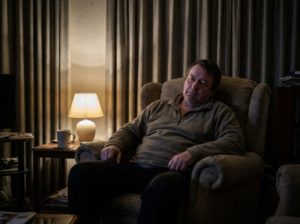 Mężczyzna w średnim wieku siedzi w fotelu, wygląda na wyczerpanego i obojętnego, w przyciemnionym pomieszczeniu, co ilustruje uczucie pustki i braku energii.