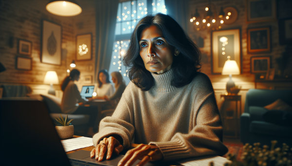Kobieta w średnim wieku w domu, otoczona przez ludzi, ale czująca samotność, z elementami symbolizującymi poszukiwanie głębszych więzi i nadzieję.