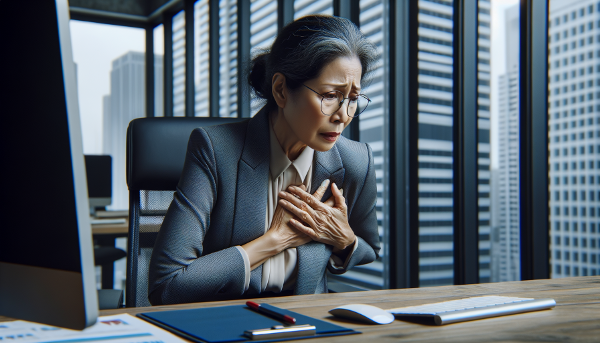 Kobieta doświadczająca nagłego ataku paniki w biurze, ukazująca fizyczne objawy lęku i wewnętrzną walkę.