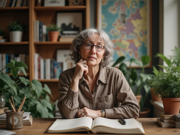 Kobieta w wieku średnim kontemplująca zmianę zawodową, otoczona symbolami rozwoju osobistego i nowych możliwości.