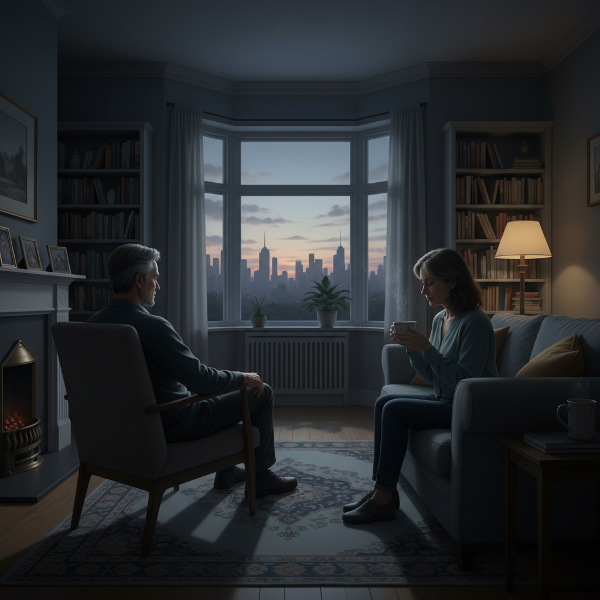 Para w średnim wieku w cichym salonie o zmierzchu, z wyczuwalnym dystansem i niewypowiedzianymi słowami między nimi.