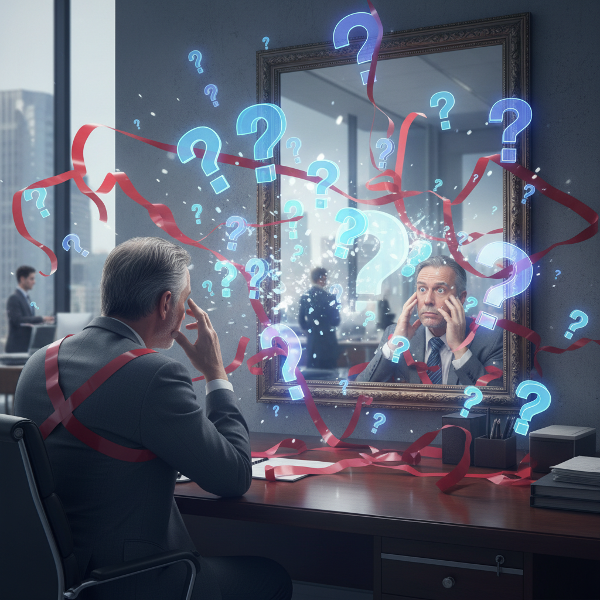 Mężczyzna w średnim wieku w biurze korporacyjnym, sparaliżowany przez wątpliwości, otoczony przez unoszące się znaki zapytania i biurokratyczne procedury.