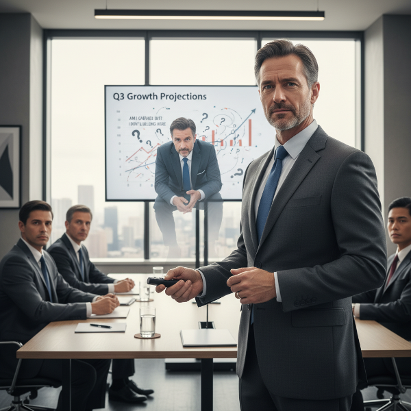 Mężczyzna w średnim wieku w garniturze, odczuwający niepokój i syndrom oszusta podczas prezentacji przed zarządem, z wewnętrznym konfliktem między zewnętrznym profesjonalizmem a wewnętrzną niepewnością.