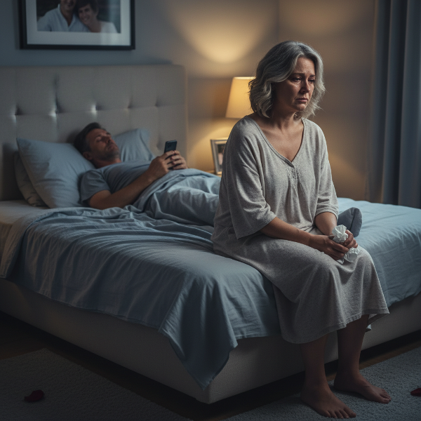 Kobieta w średnim wieku siedzi samotnie na łóżku, podczas gdy jej partner jest odwrócony plecami, ilustrując emocjonalny dystans i brak intymności w długotrwałym związku.