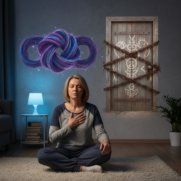 Kobieta doświadczająca napięcia podczas autohipnozy, z symbolami oporu podświadomości w tle.