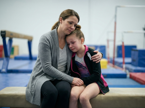 Matka wspiera córkę-gimnastyczkę w stresującym momencie przed zawodami, pokazując czułość i zrozumienie w otoczeniu sali gimnastycznej.