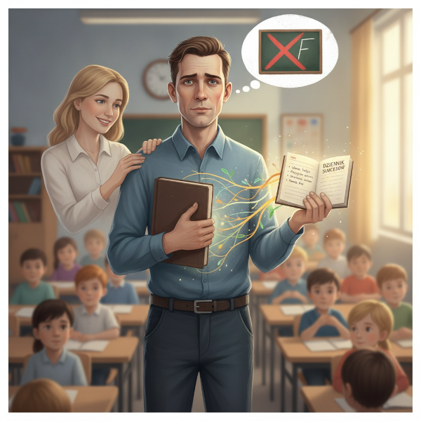 Nauczyciel stoi przed tablicą, w tle dorosli studenci, ma zdezorientowaną minę, drżące ręce, obok dziennik sukcesów i ciepła dłoń żony na ramieniu, symbol wsparcia.