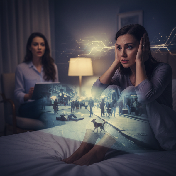 Ilustracja przedstawiająca kobietę doświadczającą nocnego ataku paniki, nawiedzaną przez wspomnienie ulicznej bezradności, z delikatną sugestią terapeutycznego wsparcia w tle.