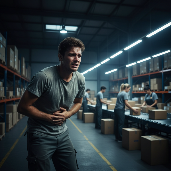 Młody mężczyzna doświadczający lęku i bólu podczas nocnej zmiany w magazynie kurierskim.