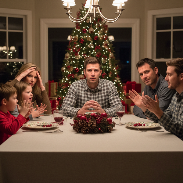 Starszy brat próbuje łagodzić kłótnię młodszego rodzeństwa przy świątecznym stole, podczas gdy rodzice wyglądają na zestresowanych.