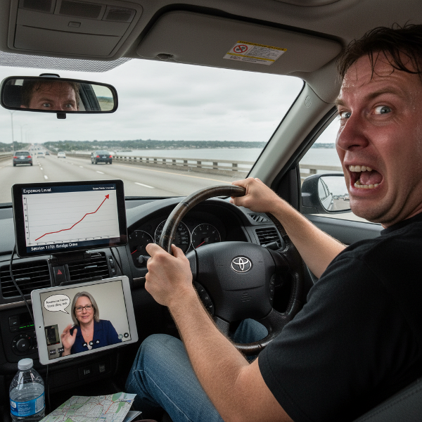 Ilustracja przedstawiająca mężczyznę doświadczającego lęku za kierownicą na moście, z wizualnymi metaforami stopniowego pokonywania strachu.