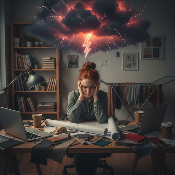 Młoda projektantka wnętrz otoczona bałaganem i pracą, z chmurą negatywnych emocji nad głową, symbolizująca wewnętrzne napięcie i wyczerpanie.