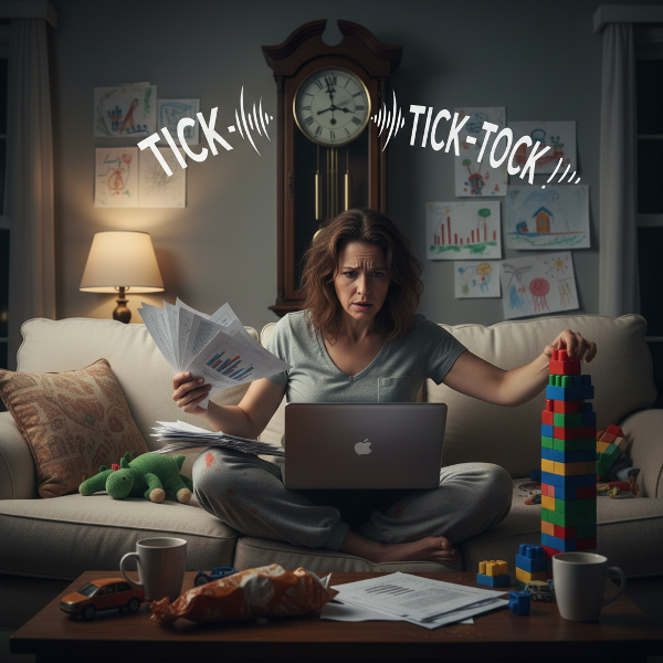 Kobieta w średnim wieku przytłoczona obowiązkami domowymi i zawodowymi, z symbolami czasu i stresu w tle.