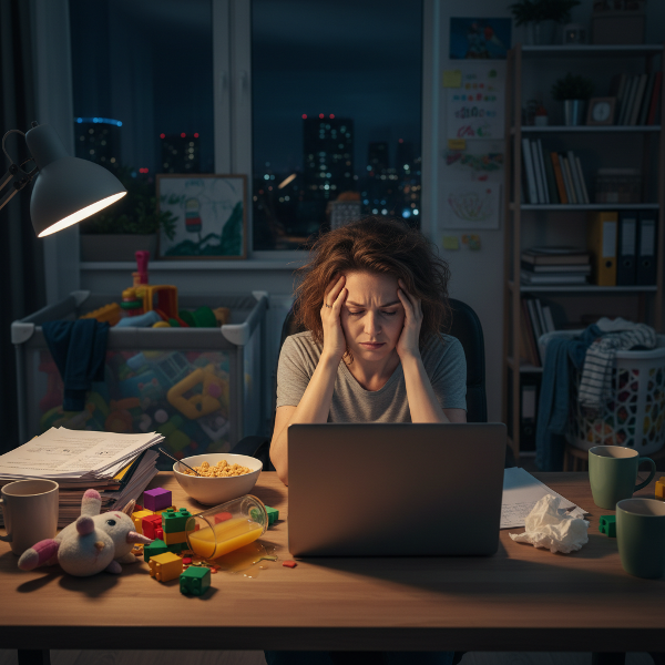Przytłoczona kobieta pracująca późno w nocy w domowym biurze, otoczona zabawkami i bałaganem, symbolizująca brak równowagi między życiem zawodowym a prywatnym.