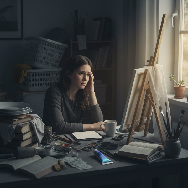 Kobieta w biurze, przytłoczona obowiązkami, patrząca na ekran komputera z poczuciem apatii, podczas gdy za oknem widać szarą, deszczową scenerię.