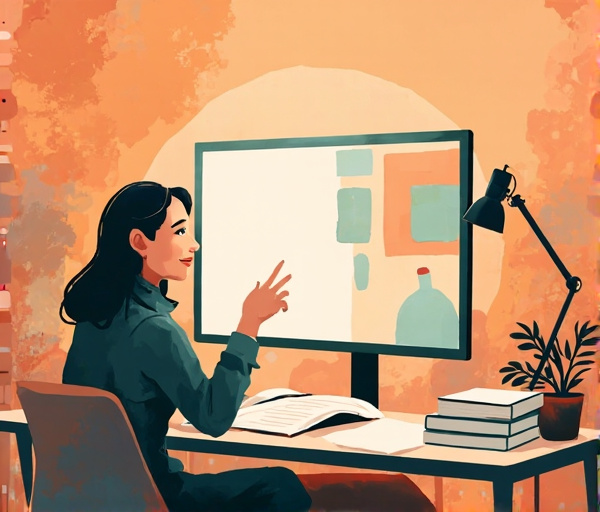 Kobieta siedzi przy biurku z tabletem do rysowania, obok monitor z interfejsem AI, przed nią pusta kartka, psychologka gestem uspokaja, w tle równowaga między kreatywnością a technologią