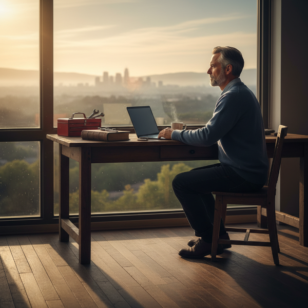 Mężczyzna w średnim wieku przy biurku, symbolizujący apatię i refleksję, z porzuconymi hobby w tle.